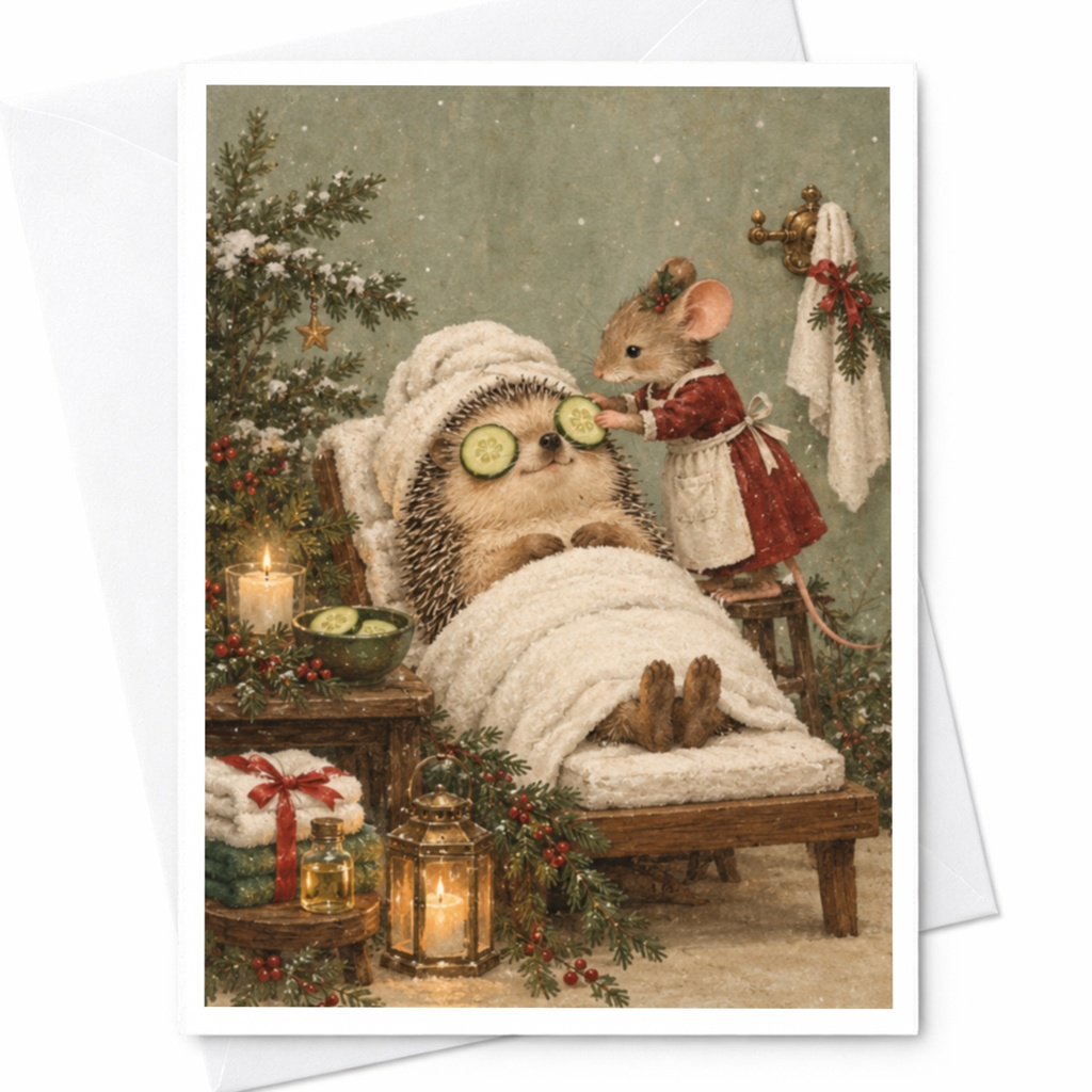 Hedgehog Spa Day Christmas Greeting Card Cute Animal Holiday Card For Friend Relaxing Winter Scene Cozy Festive Card C9702