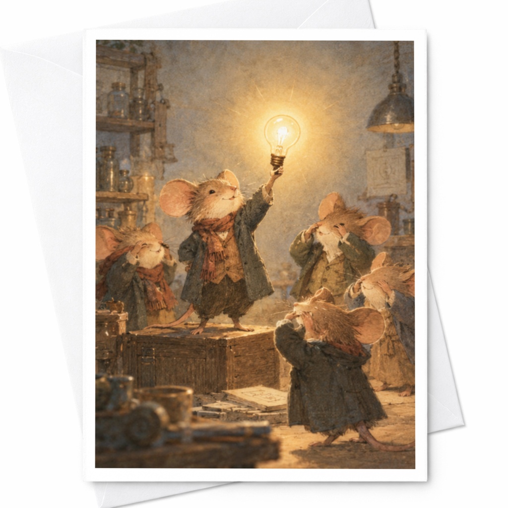 Mice With Light Bulb Blank Greeting Card Cute Animal Illustration Everyday Card For Friend Whimsical Art Card C9672