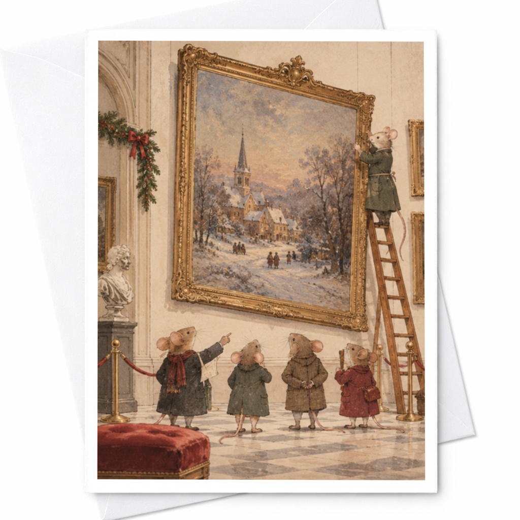 Mice Art Gallery Card Blank Greeting Card Winter Scene Cute Animal Illustration For Art Lover Whimsical Everyday Card C9703