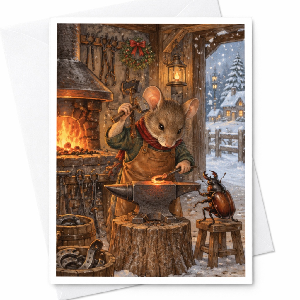 Mouse Blacksmith Winter Scene Blank Greeting Card Cute Animal Art For Christmas Holiday Card Rustic Woodland Theme C9705