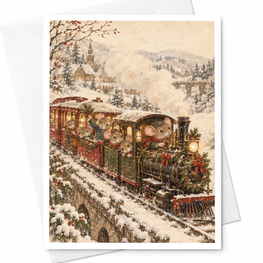 Mice On Christmas Train Card Cute Holiday Greeting Card For Kids Animal Lover Winter Scene Festive Christmas Card C9675