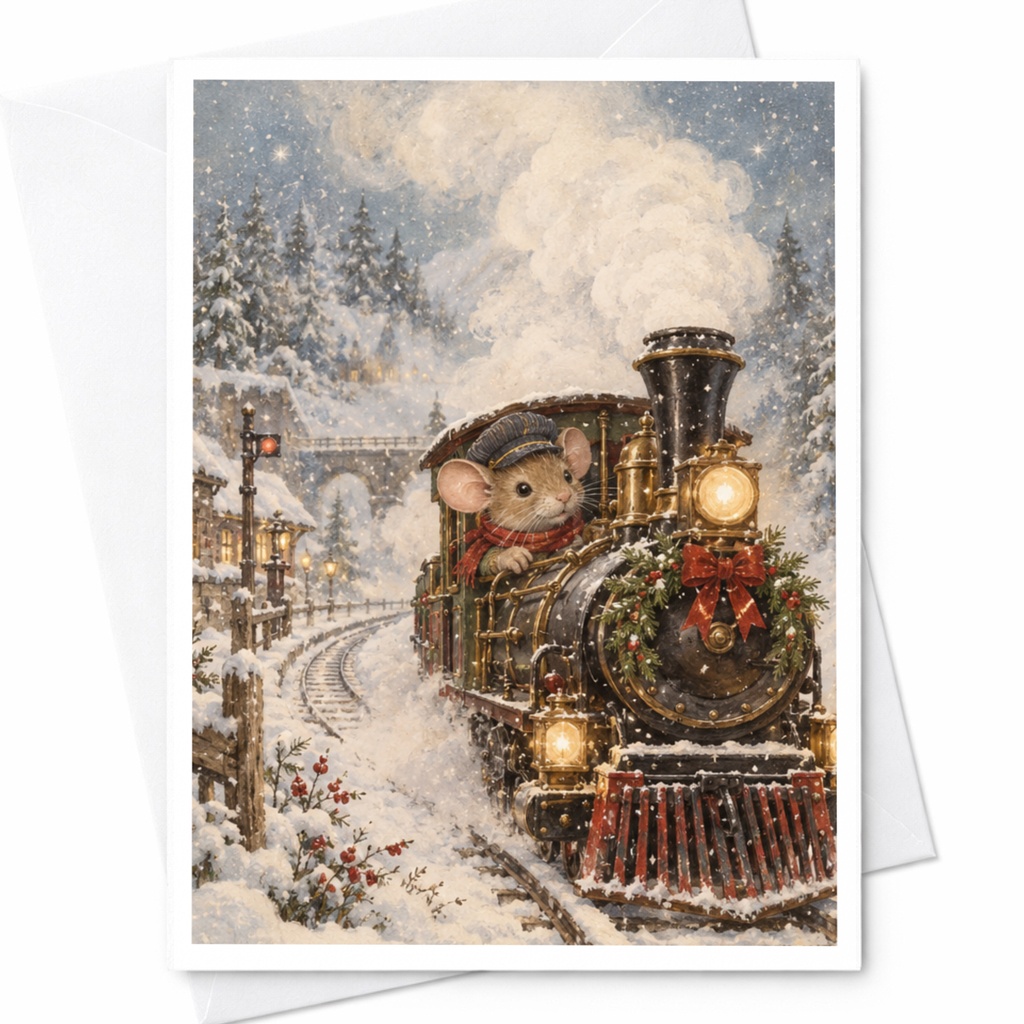 Mouse On Train Christmas Card Cute Animal Holiday Greeting Card Winter Wonderland Scene For Kids Family Festive Card C9676
