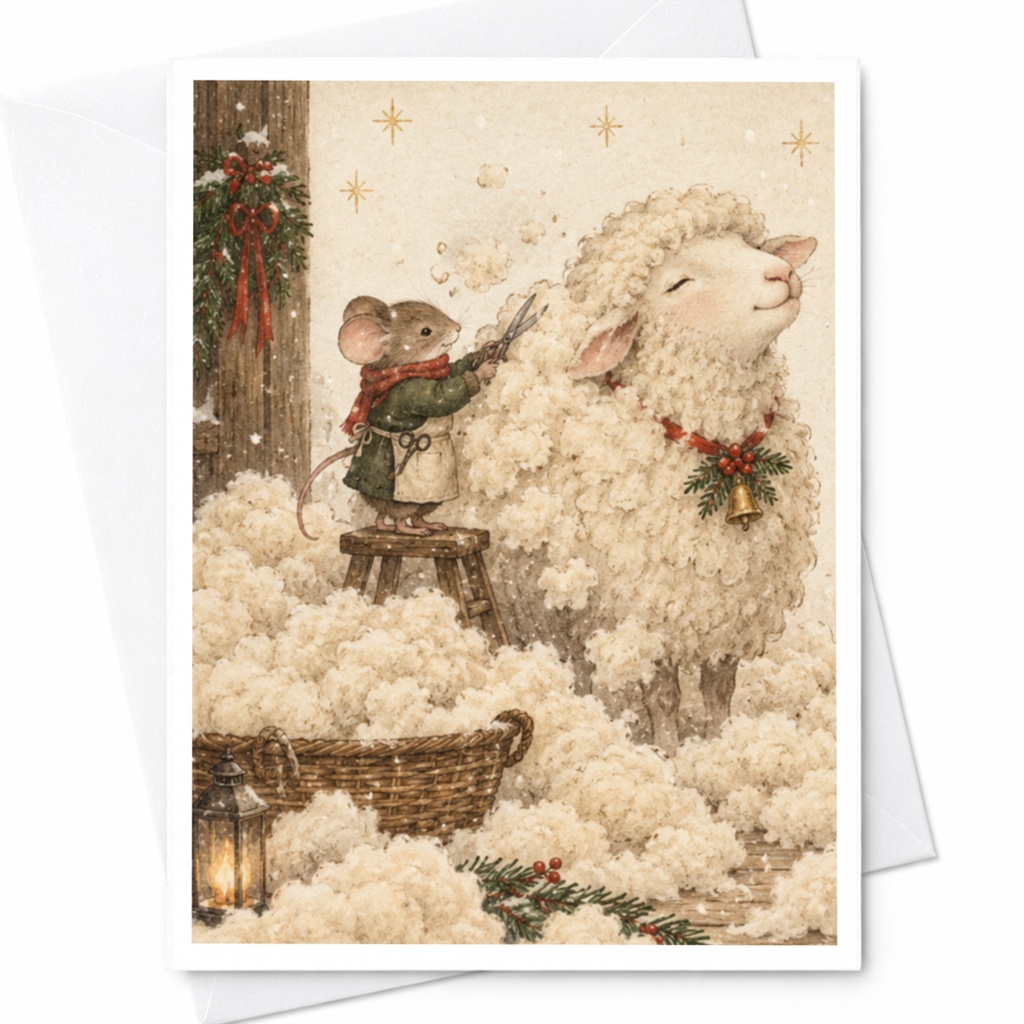 Mouse Shearing Sheep Christmas Card Cute Animal Holiday Greeting Card For Animal Lover Whimsical Winter Scene C9677