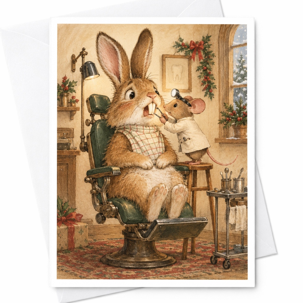 Bunny And Mouse Dentist Scene Greeting Card Cute Animal Illustration Everyday Card For Animal Lover Whimsical Art Card C9709