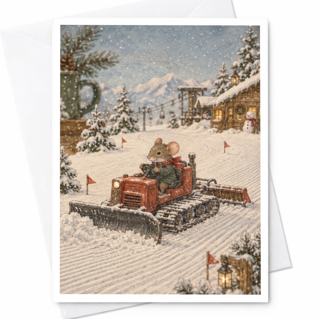 Mouse Driving Snowplow Christmas Card Cute Winter Scene Holiday Greeting Card For Animal Lover Festive Snowy Landscape C9682