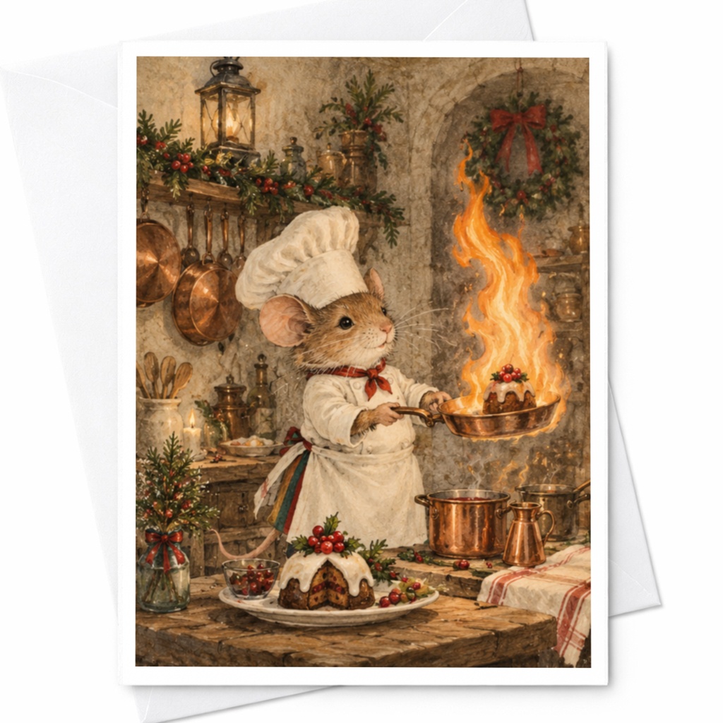 Mouse Chef Christmas Greeting Card Cute Holiday Card Animal Lover Festive Kitchen Scene Blank Note Card For Friend C9713