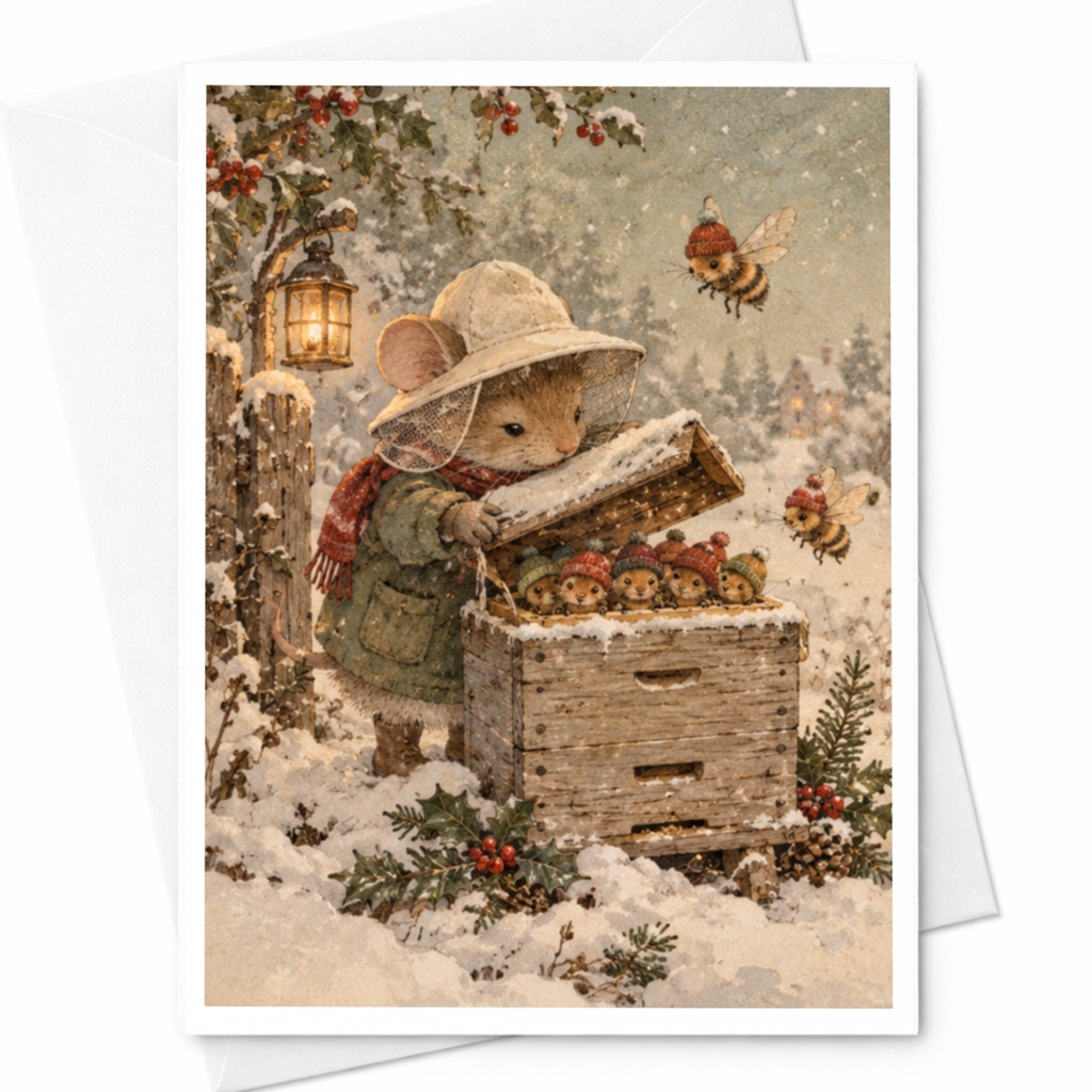 Mouse And Bees Winter Scene Blank Greeting Card Cute Animal Illustration Holiday Card For Nature Lover Whimsical Art C9683