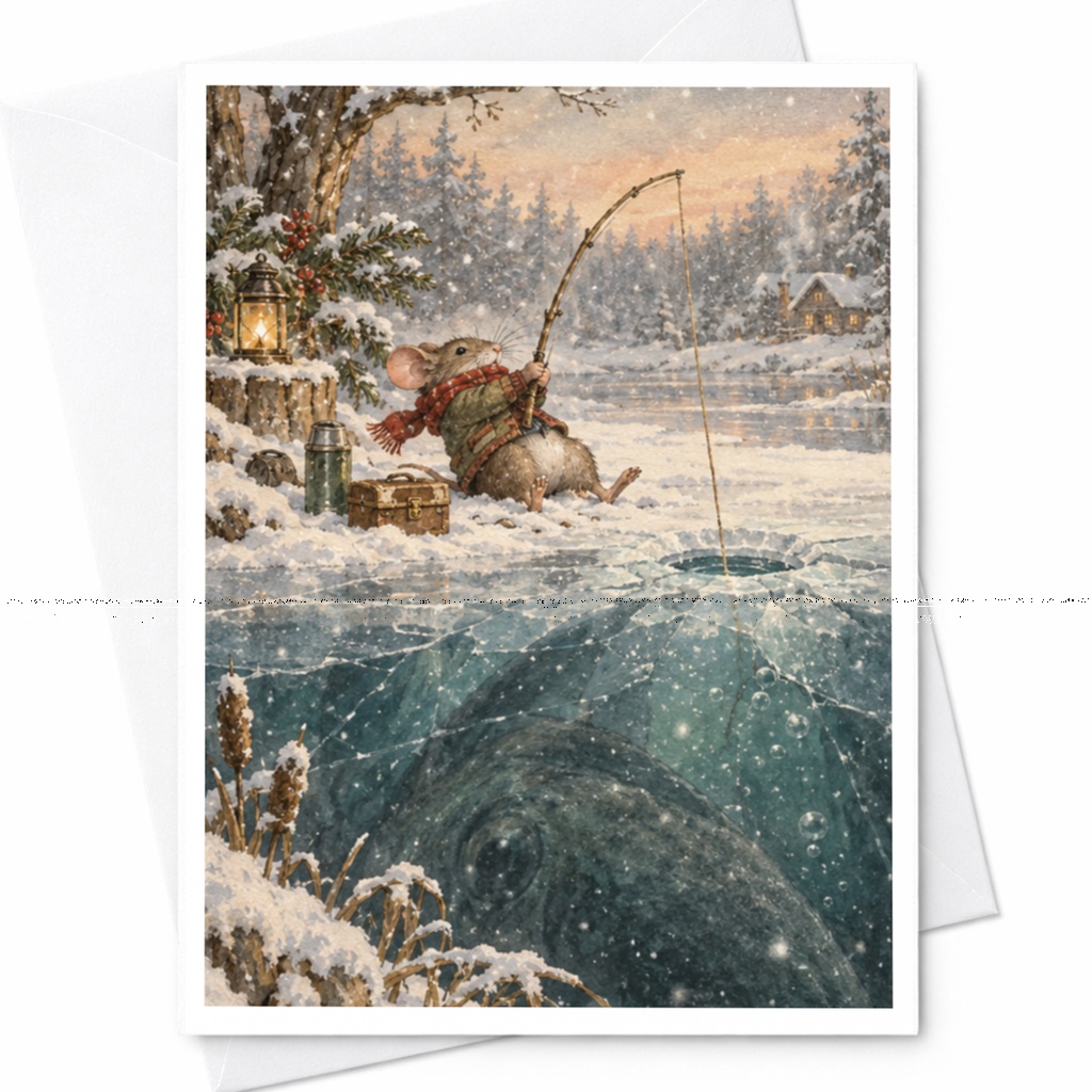 Mouse Ice Fishing Card Cute Winter Scene Blank Greeting Card Animal Lover Christmas Card Whimsical Art For Friend C9715