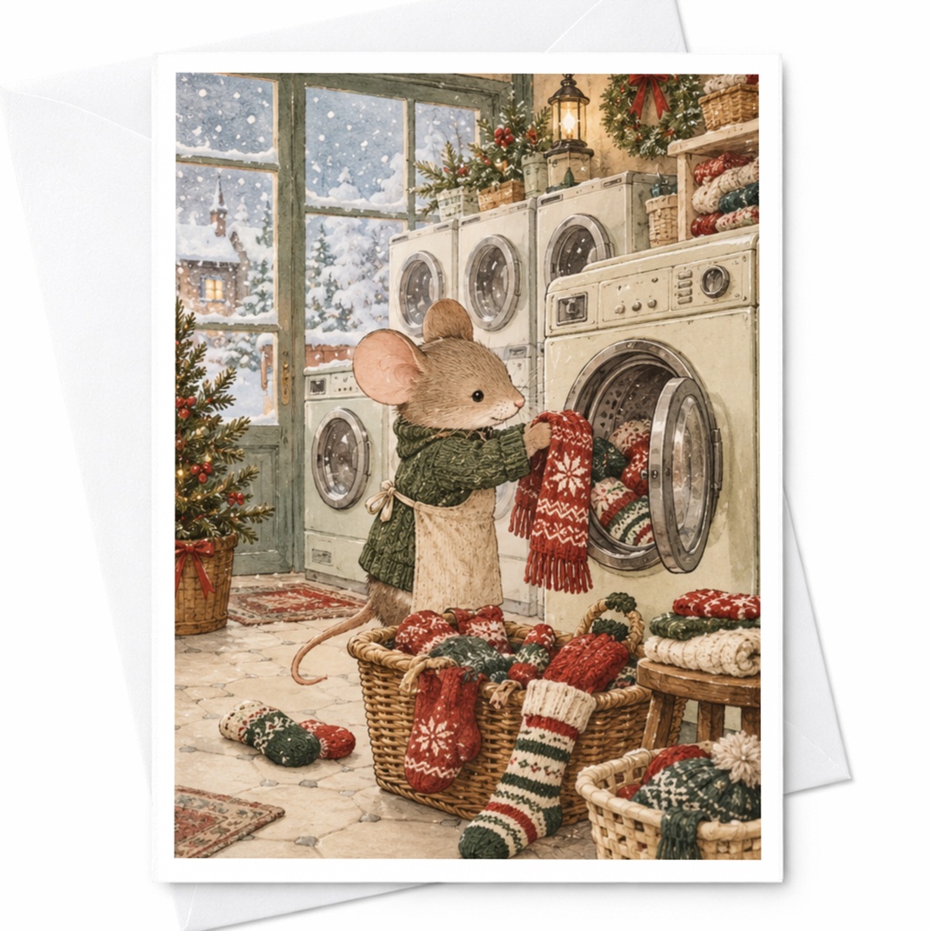 Mouse Christmas Card Cute Holiday Greeting Card Winter Scene Animal Lover Festive Illustration Blank Note Card C9686