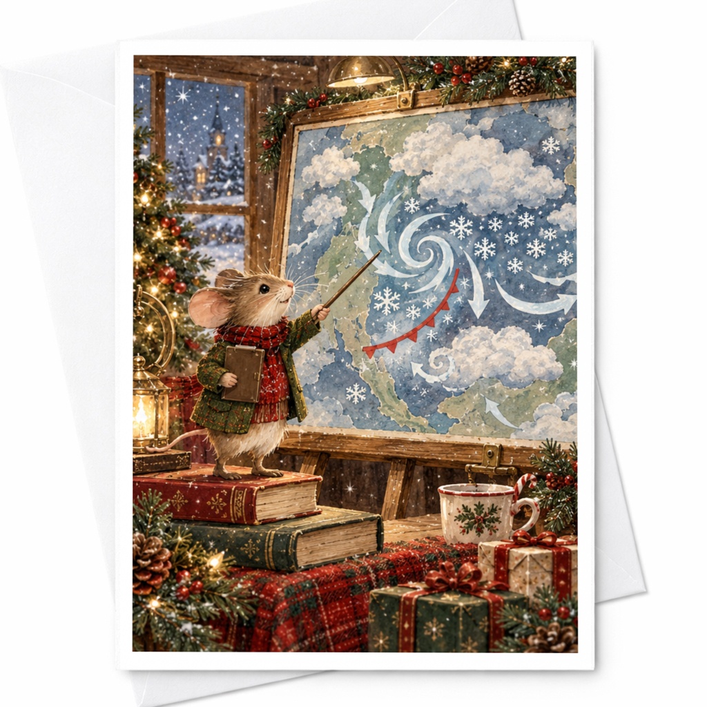 Mouse Weather Map Christmas Greeting Card Cute Holiday Card For Animal Lover Festive Winter Scene Adorable Seasonal Card C9697