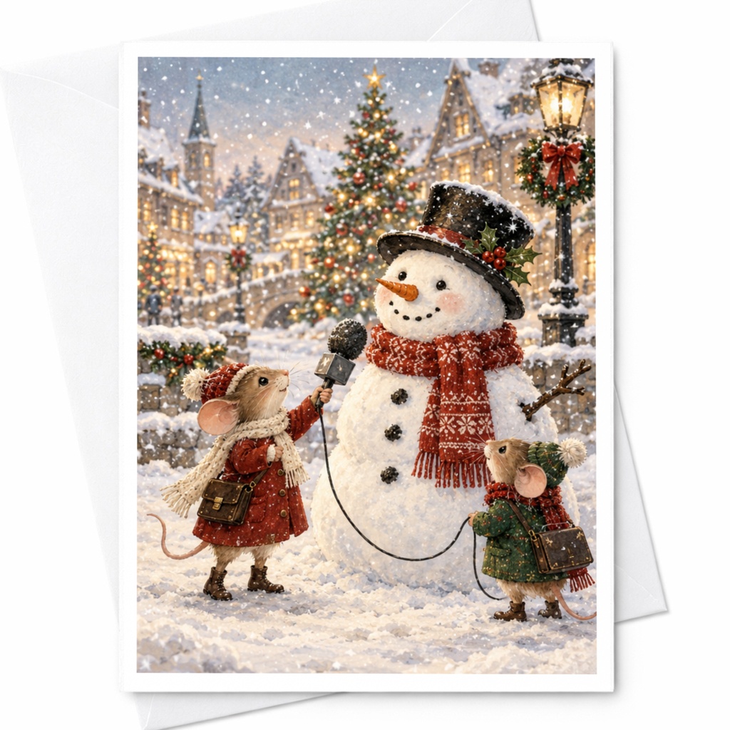 Mice Interviewing Snowman Christmas Card Cute Winter Scene Holiday Greeting Card For Kids Family Festive Snowy Village C9698