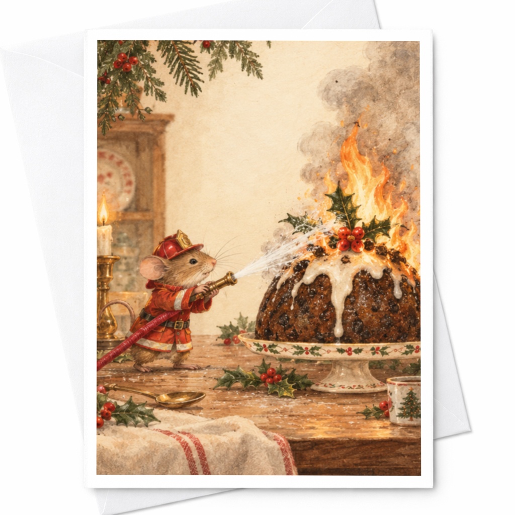 Mouse Firefighter Christmas Card Cute Holiday Greeting Card Festive Animal Illustration For Kids Family Fun Xmas Card C9707