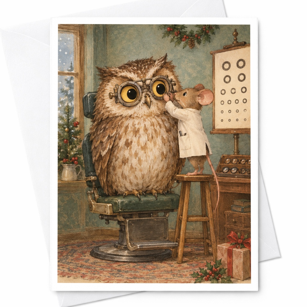 Owl And Mouse Optometrist Scene Blank Greeting Card Cute Animal Illustration Everyday Card For Animal Lover Whimsical Art C9710