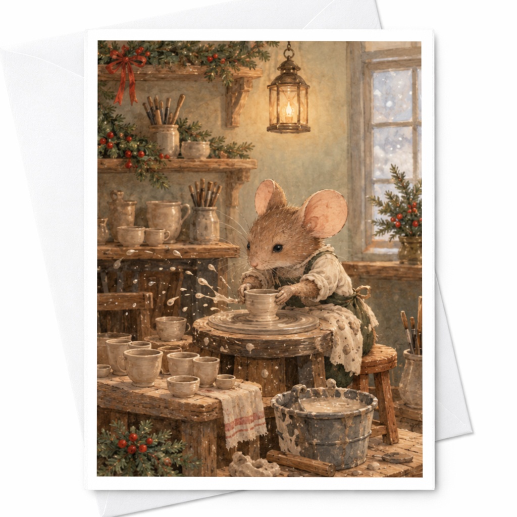 Mouse Pottery Scene Blank Greeting Card Cute Animal Art Everyday Card For Nature Lover Whimsical Illustration Card C9712