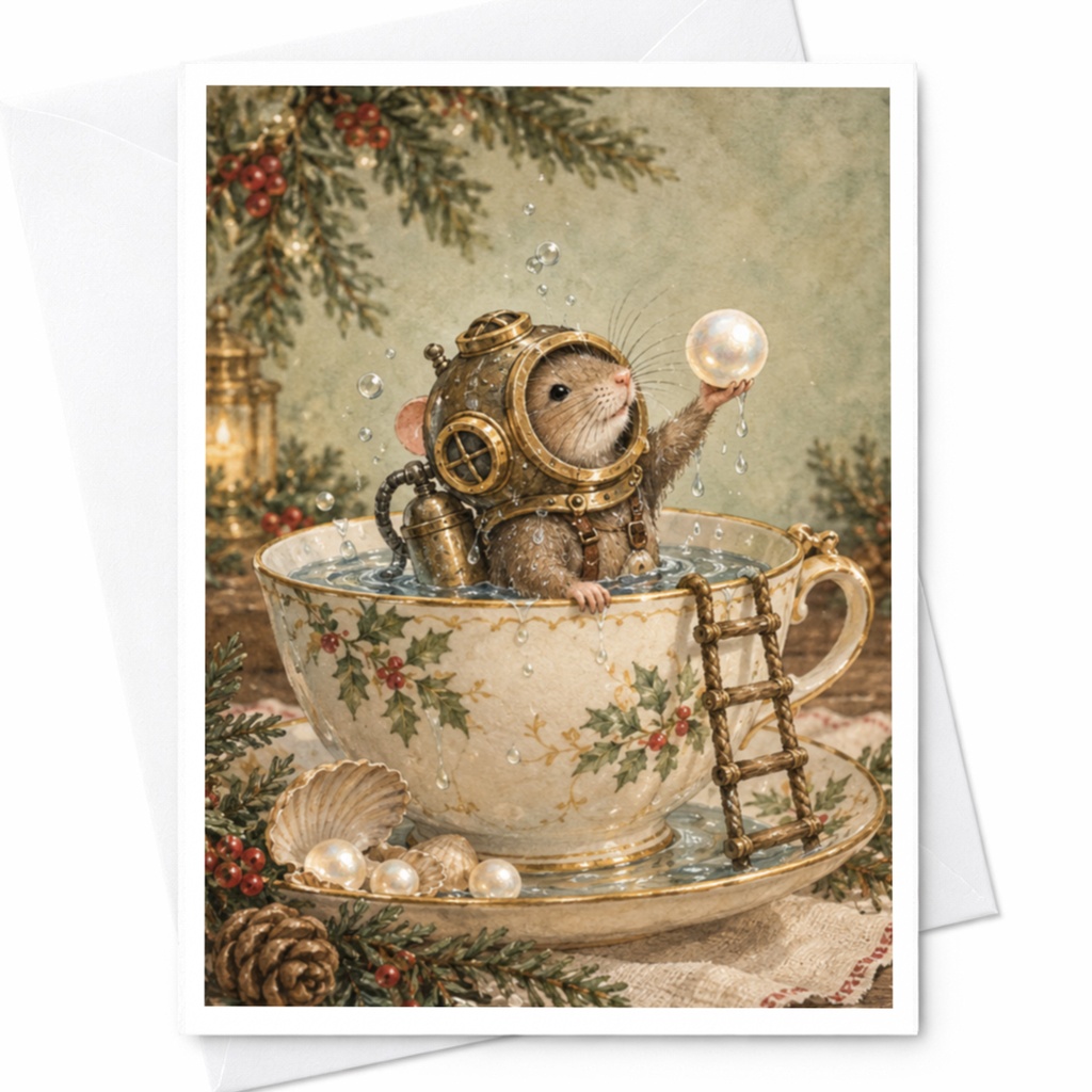 Mouse In Diving Suit Blank Greeting Card Cute Animal Card For Nature Lover Whimsical Illustration Everyday Card For Friend C9716