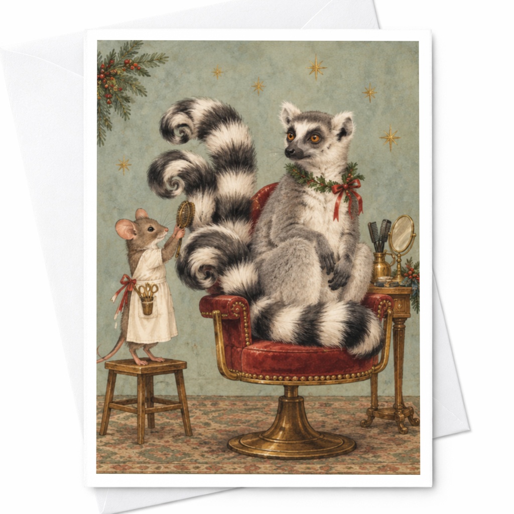 Lemur And Mouse Vintage Card Blank Greeting Card Animal Lover Cute Whimsical Illustration Everyday Card For Friend C9720