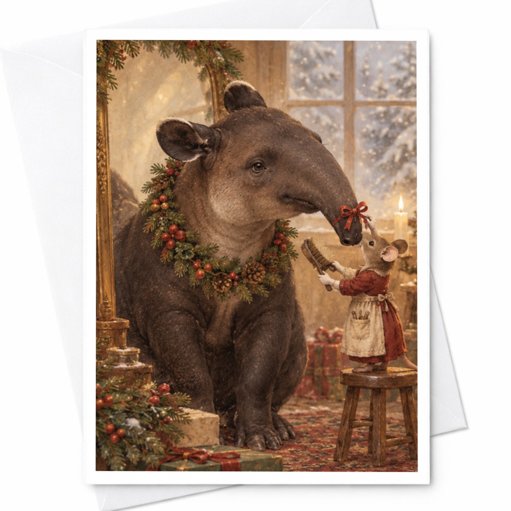 Tapir And Mouse Christmas Card Cute Animal Holiday Greeting Card Festive Winter Scene For Animal Lover Whimsical Art C9723