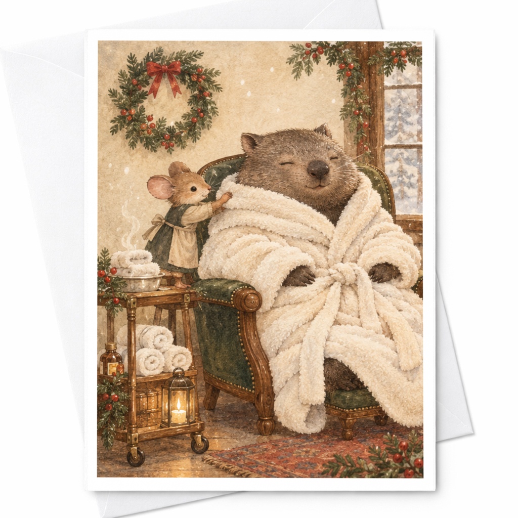 Cozy Animal Christmas Greeting Card Cute Mouse Wombat Winter Scene Holiday Card For Animal Lover Warm Festive Illustration C9725