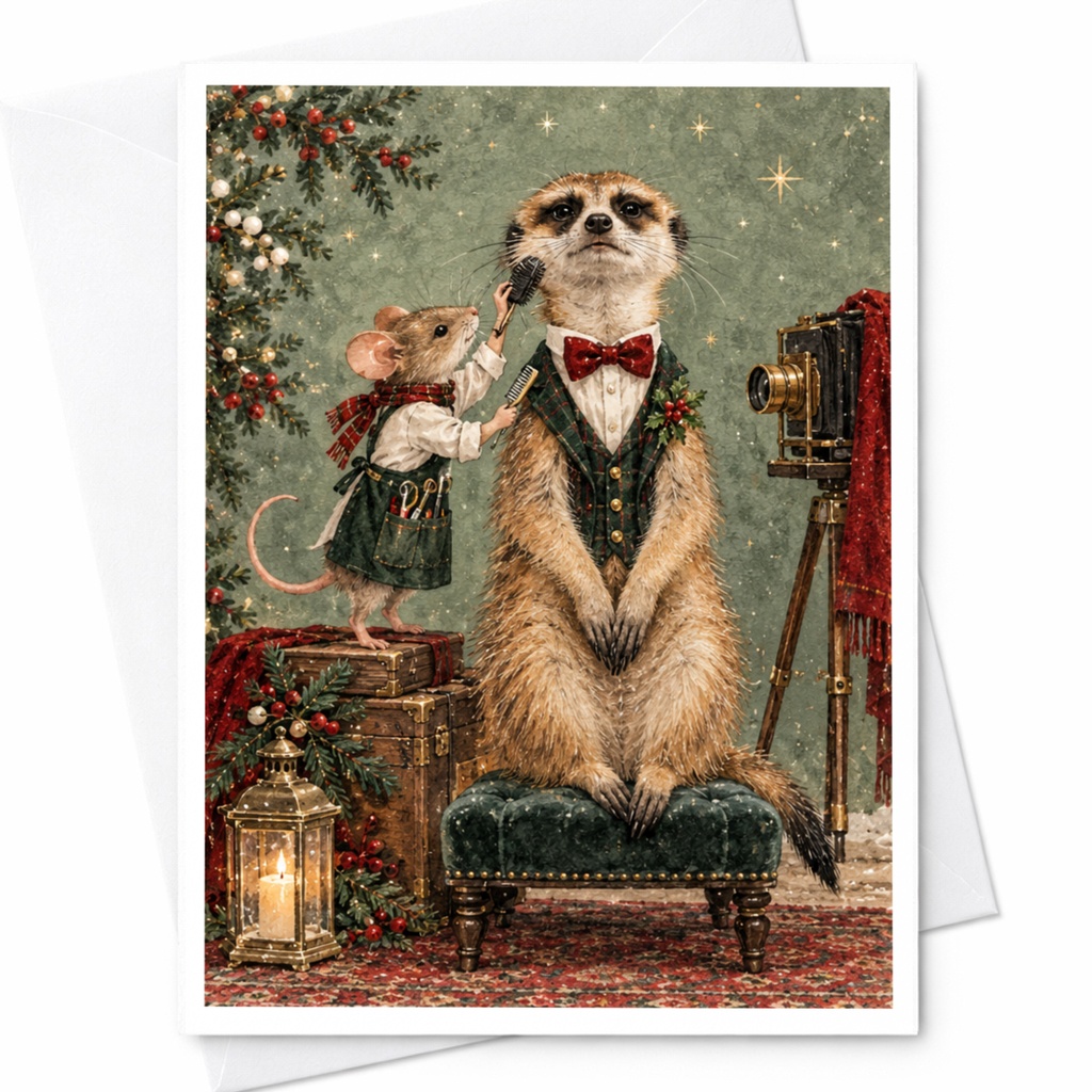 Mouse Grooming Meerkat Blank Greeting Card Cute Animal Illustration Everyday Card For Animal Lover Whimsical Art Card C9729
