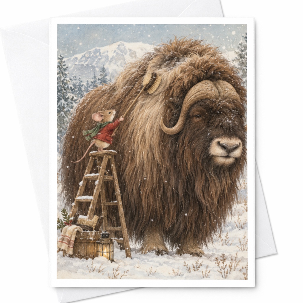 Mouse Brushing Yak Card Cute Animal Greeting Card Blank Note Card Winter Scene For Animal Lover Whimsical Art Card C9732