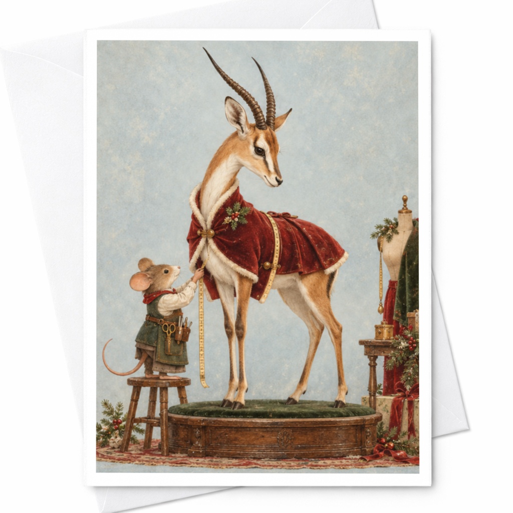 Mouse Tailoring Antelope Blank Greeting Card Whimsical Animal Art Everyday Card For Animal Lover Cute Illustration C9738
