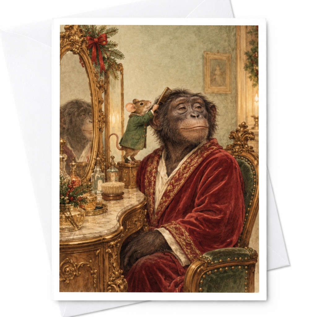 Chimpanzee And Mouse Blank Greeting Card Cute Animal Illustration Everyday Card For Animal Lover Whimsical Art Card C9739