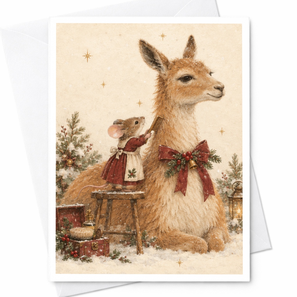 Mouse Grooming Llama Christmas Card Cute Animal Holiday Greeting Card For Animal Lover Festive Winter Scene C9721