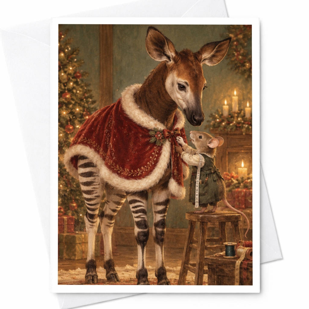 Okapi And Mouse Christmas Card Cute Animal Holiday Greeting Card Festive Winter Scene For Animal Lover Whimsical Art C9724