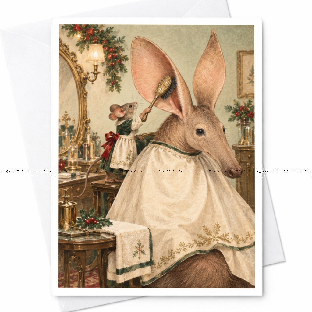 Vintage Animal Greeting Card Mouse And Aardvark In Holiday Setting Blank Greeting Card For Animal Lover Cute Christmas Card C9727