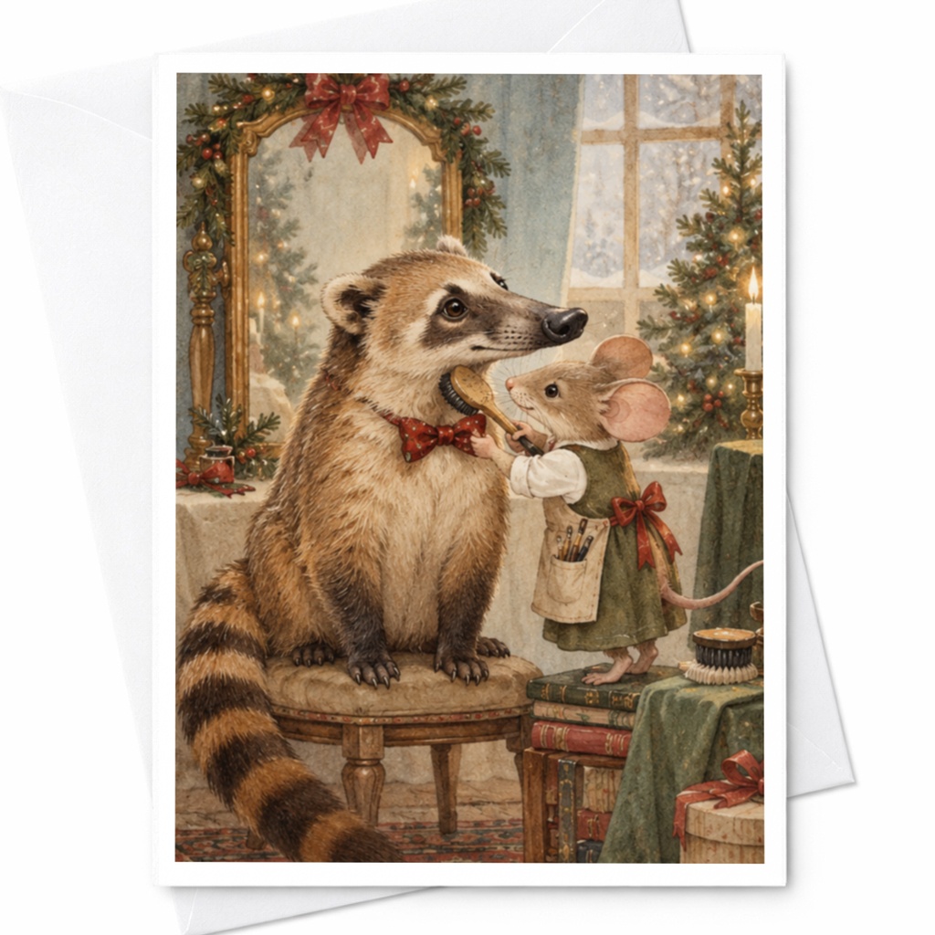 Raccoon And Mouse Christmas Card Festive Animal Greeting Card Holiday Card Cute Woodland Creatures Winter Scene For Animal Lover C9754