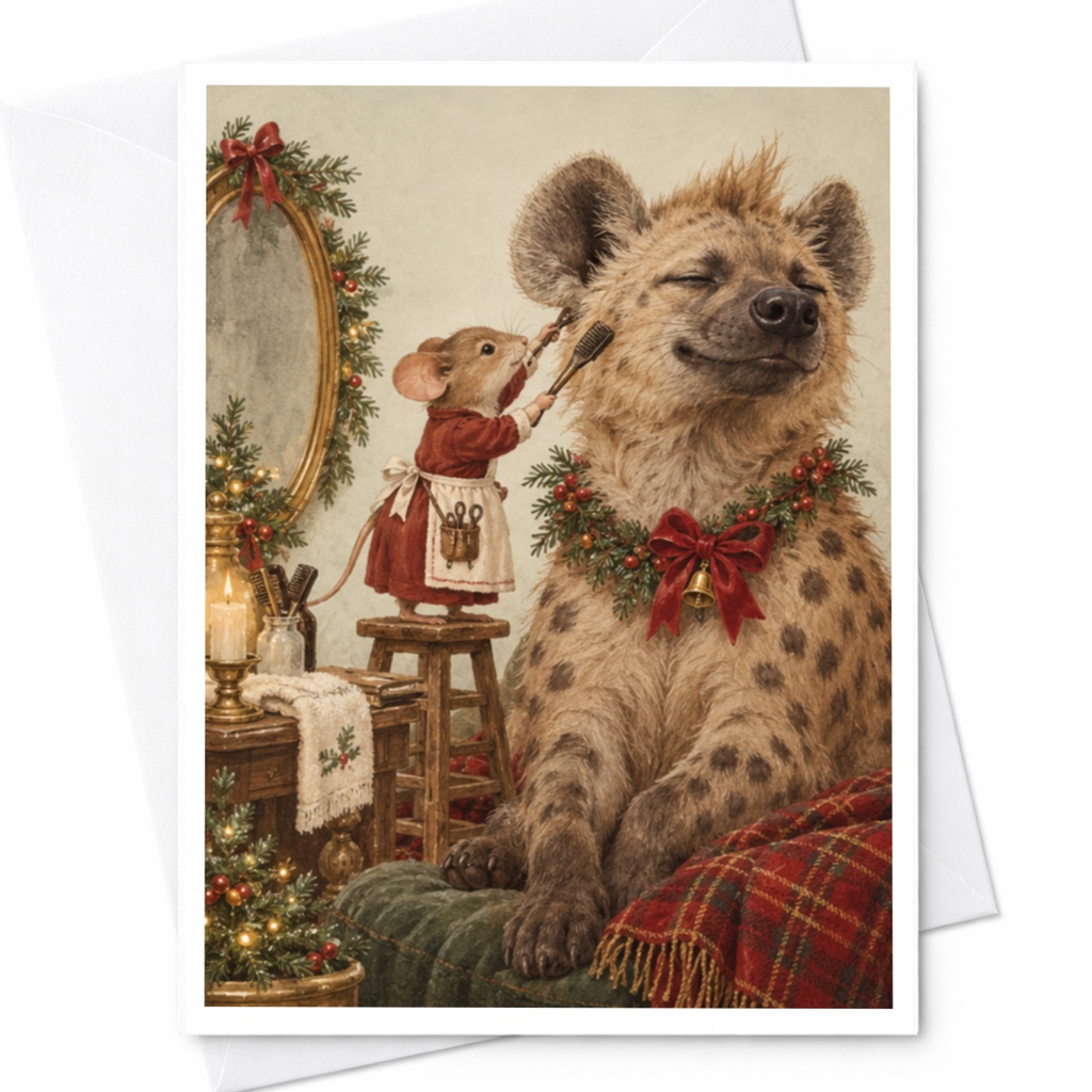 Mouse And Hyena Christmas Card Cute Animal Holiday Greeting Card Festive Illustration For Animal Lover Whimsical Xmas Card C9755