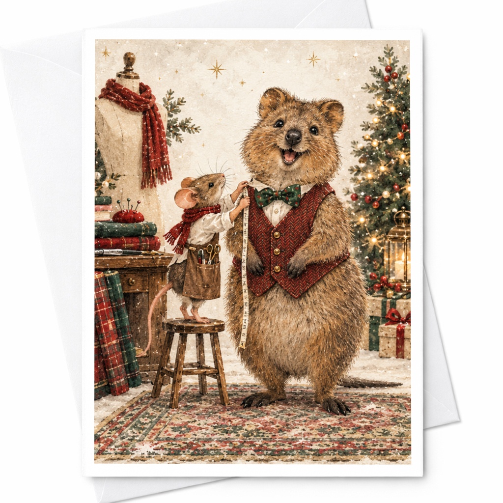 Quokka And Mouse Christmas Card Cute Animal Holiday Greeting Card Festive Winter Scene For Animal Lover C9730
