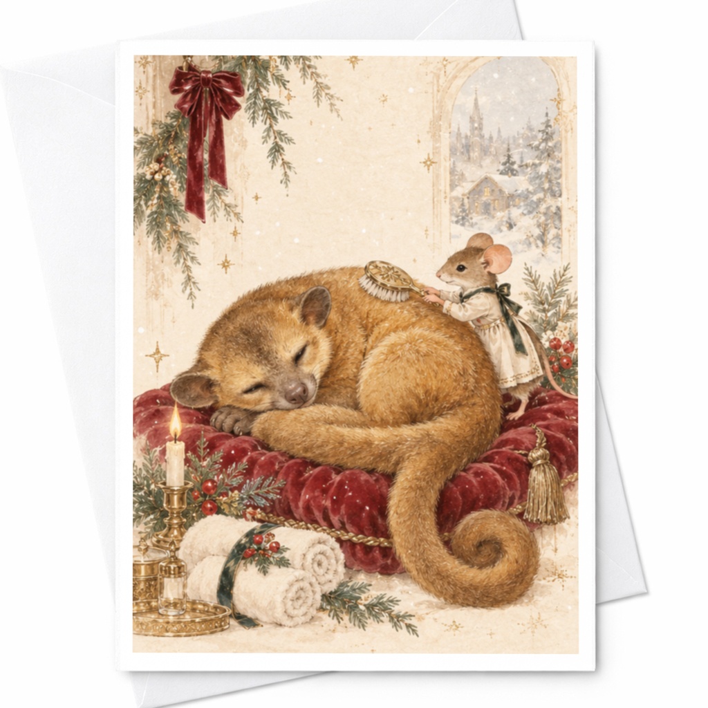Mouse Brushing Animal Card Cute Winter Scene Blank Greeting Card For Animal Lover Cozy Holiday Card Whimsical Art C9757