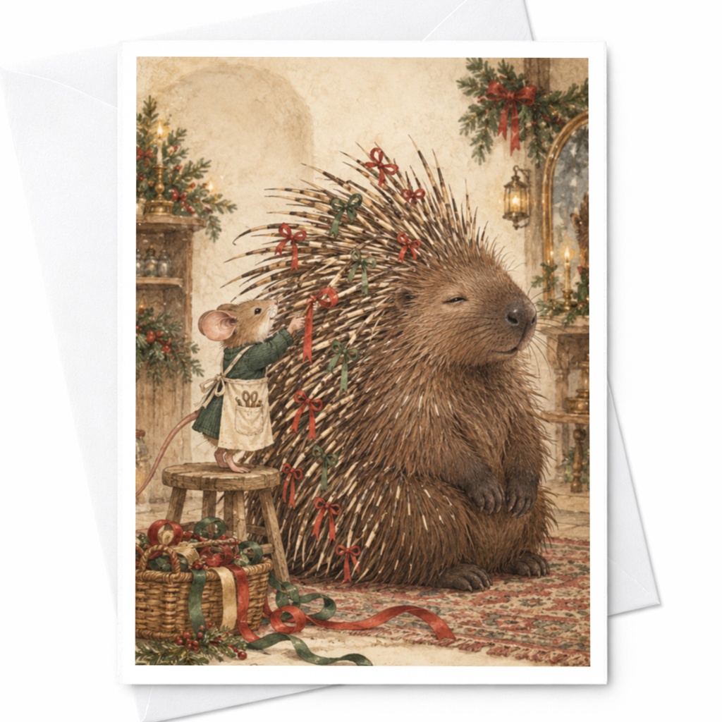 Mouse Decorating Porcupine Christmas Card Cute Animal Holiday Greeting Card For Animal Lover Festive Winter Scene C9731