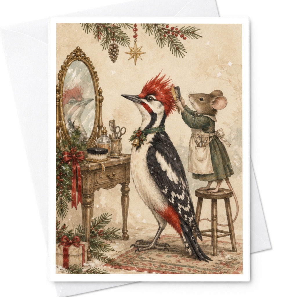 Mouse Styling Woodpecker Blank Greeting Card Cute Animal Illustration Everyday Card For Nature Lover Whimsical Art C9759