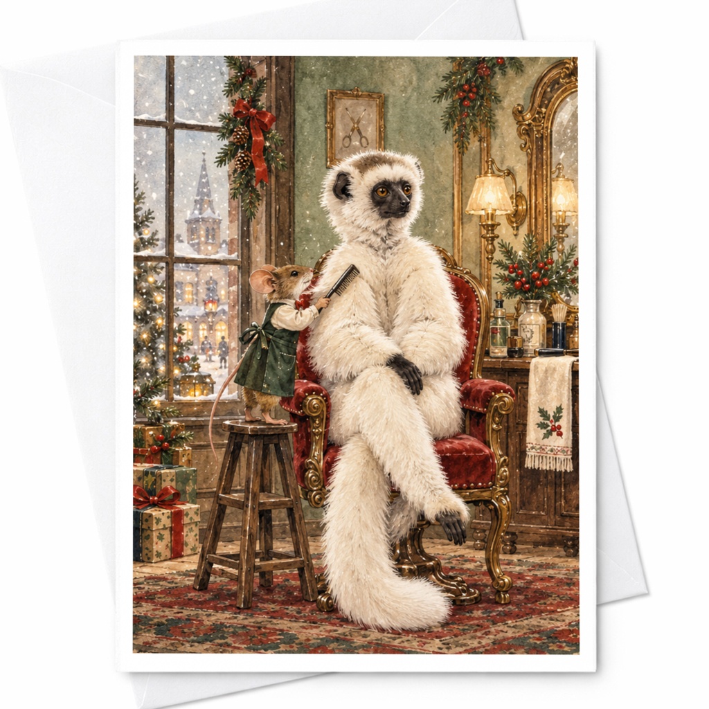 Lemur And Mouse Christmas Card Festive Animal Greeting Card Holiday Season Cute Winter Scene For Animal Lover C9733