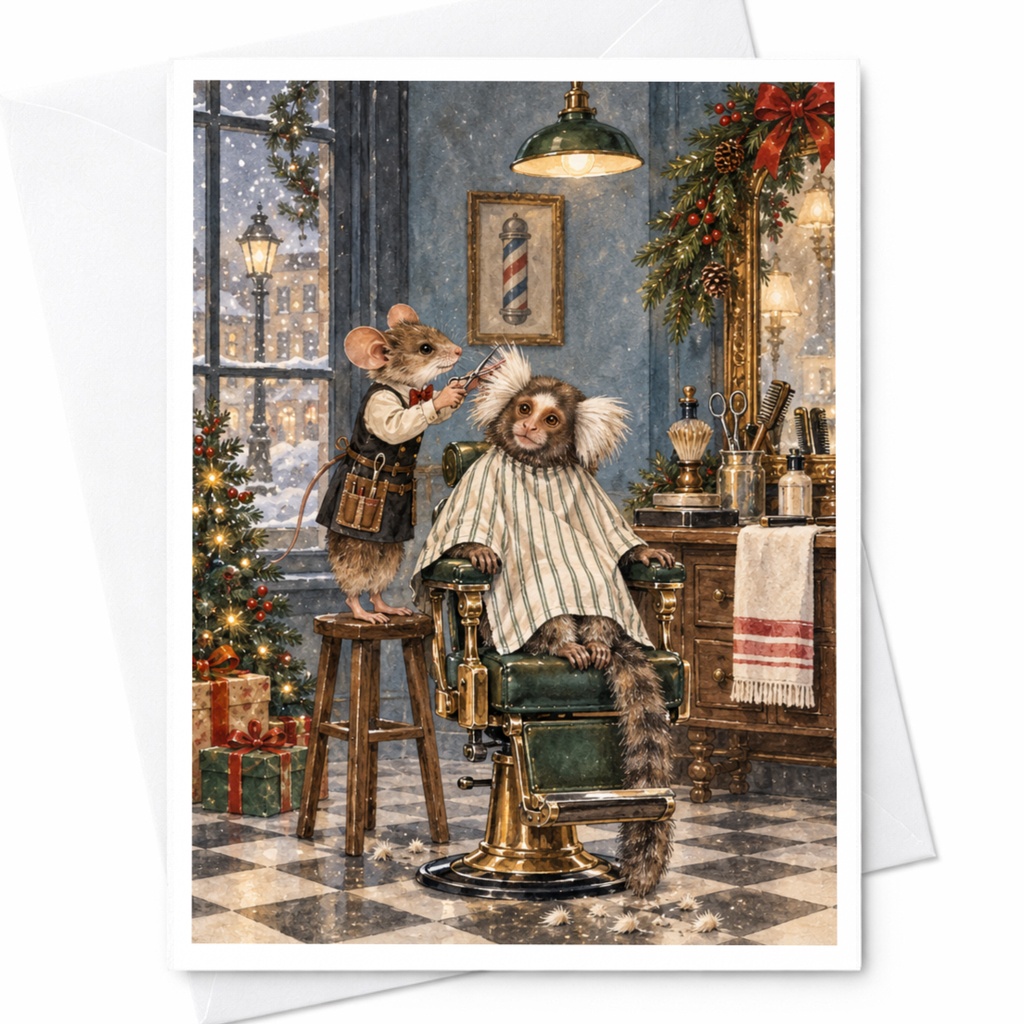 Mouse Barber Christmas Greeting Card Cute Animal Holiday Card Winter Scene For Animal Lover Festive Card With Presents C9734