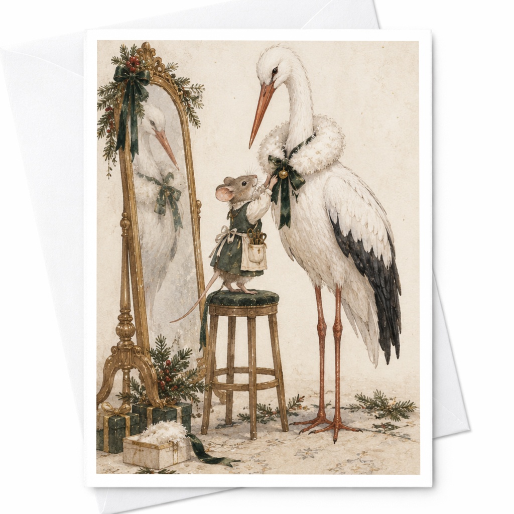 Stork And Mouse Greeting Card Whimsical Animal Illustration Blank Card For Nature Lover Cute Everyday Card C9761