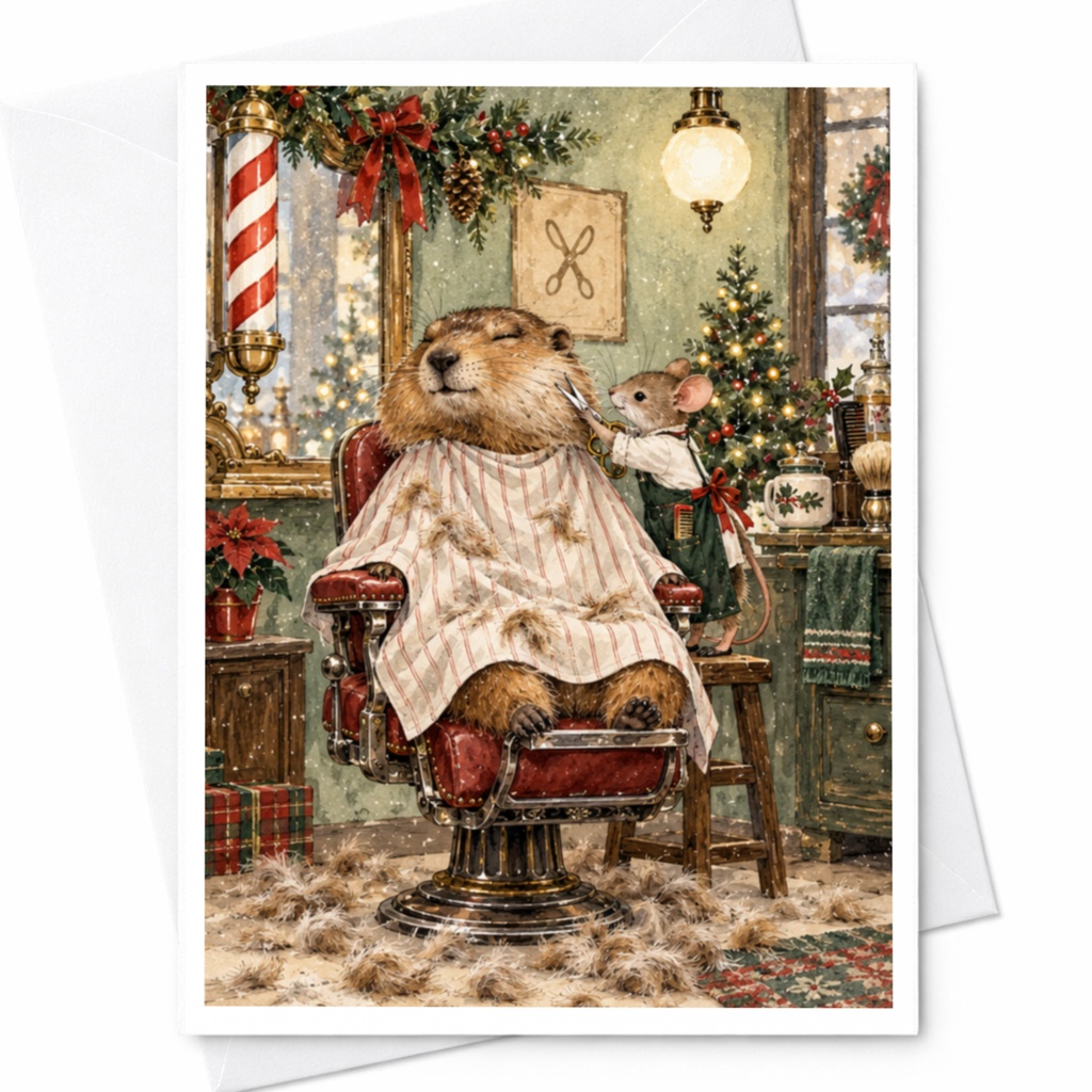 Animal Barber Shop Christmas Card Cute Holiday Greeting Card For Animal Lover Festive Winter Scene Adorable Christmas Card C9735
