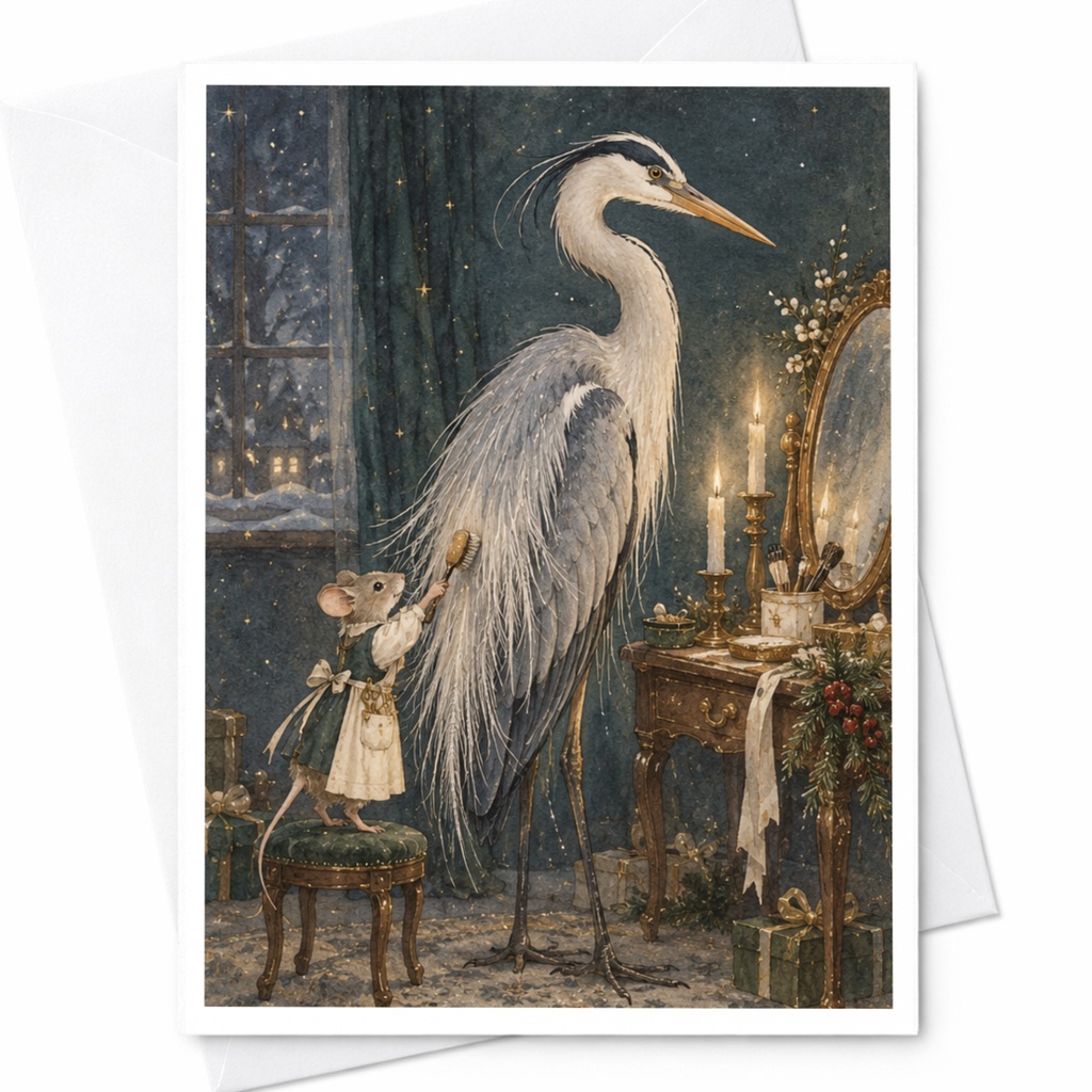 Mouse And Heron Blank Greeting Card Whimsical Animal Illustration Everyday Card For Nature Lover Cute Art Card C9762