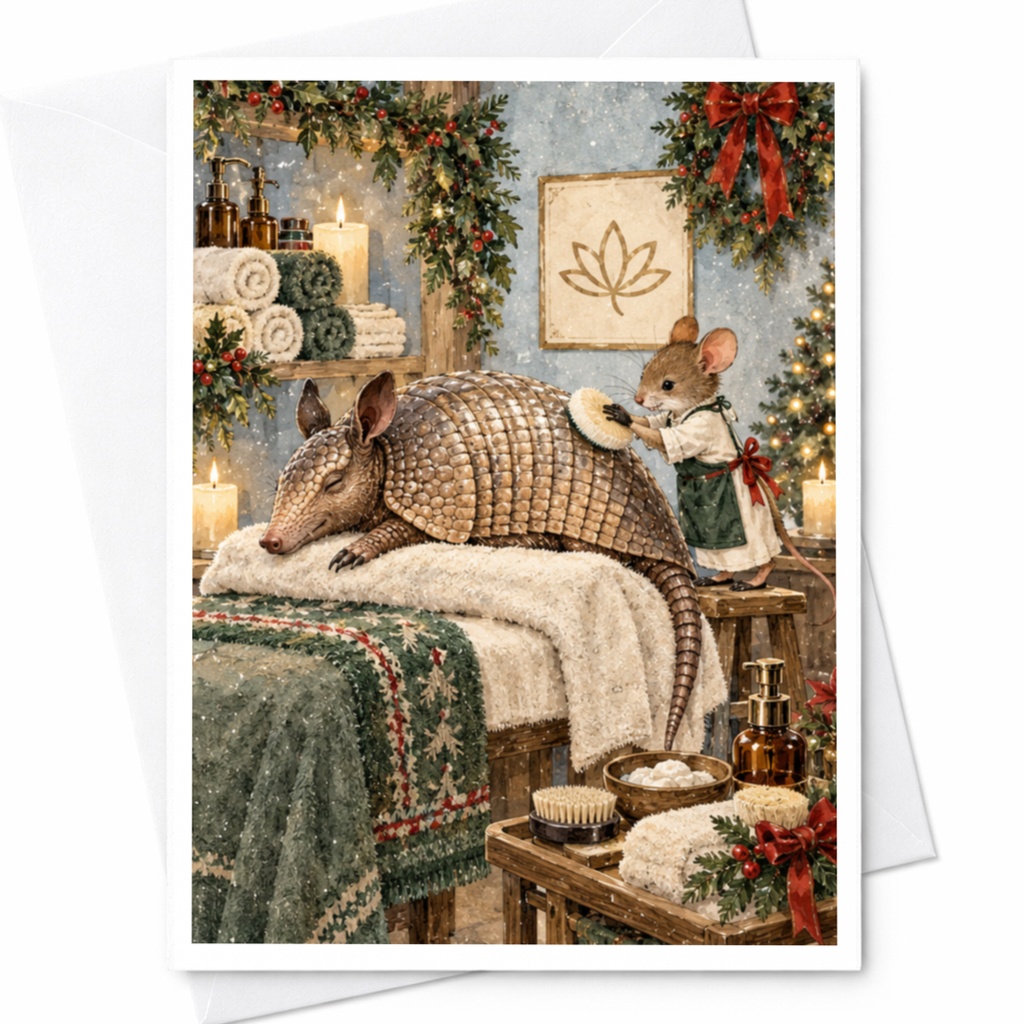 Christmas Spa Greeting Card Cute Animal Holiday Card Mouse Armadillo Winter Scene Cozy Festive Card For Animal Lover C9736
