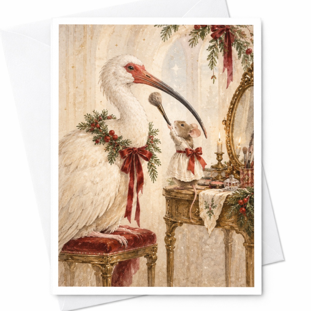 Stork And Mouse Christmas Card Holiday Greeting Card Cute Animal Illustration Festive Card For Animal Lover Winter Scene C9763