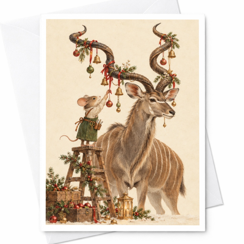 Mouse Decorating Antlers Christmas Card Cute Animal Holiday Greeting Card For Nature Lover Festive Winter Scene C9737