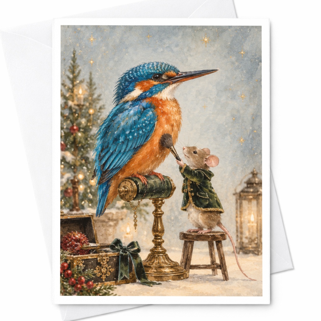 Mouse And Bird Christmas Card Cute Animal Holiday Greeting Card Winter Scene For Nature Lover Festive Art Card C9764