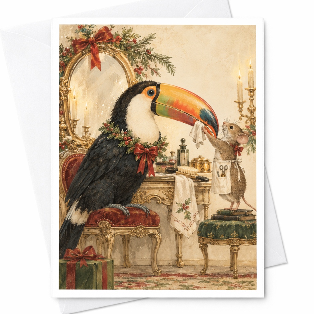 Toucan And Mouse Festive Greeting Card Blank Holiday Card Cute Animal Illustration Christmas Card For Nature Lover C9765