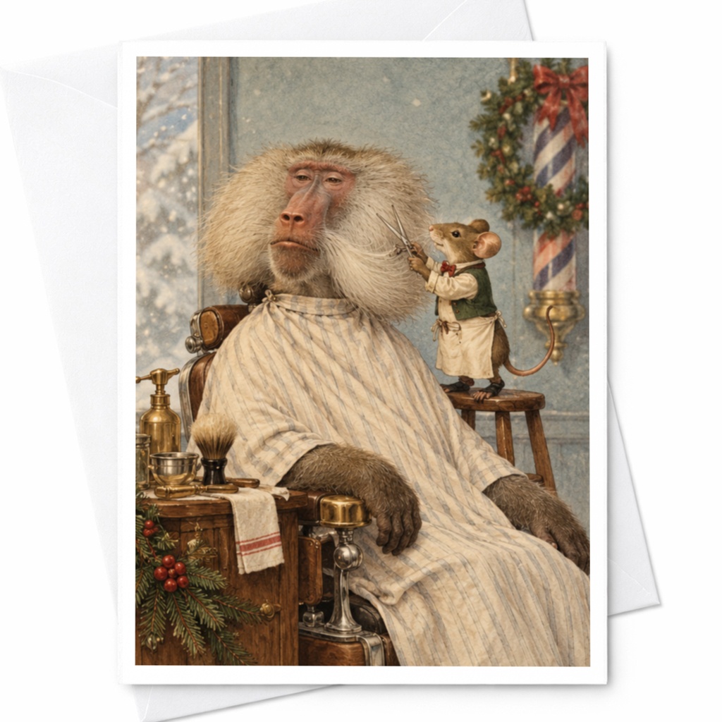Baboon And Mouse Barber Scene Blank Greeting Card Cute Animal Illustration Everyday Card For Animal Lover Whimsical Art C9740