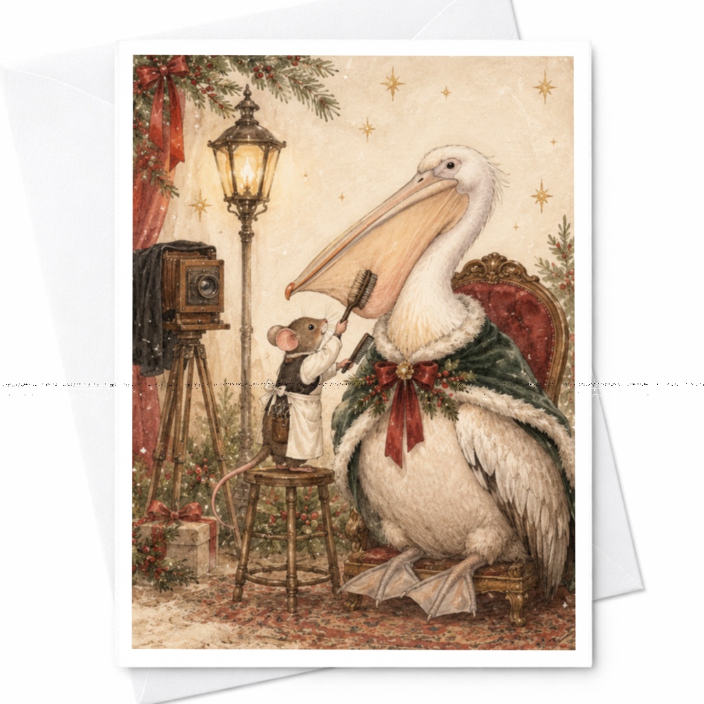 Mouse And Pelican Christmas Card Vintage Style Holiday Greeting Card Cute Animal Illustration Festive Card For Animal Lover C9767