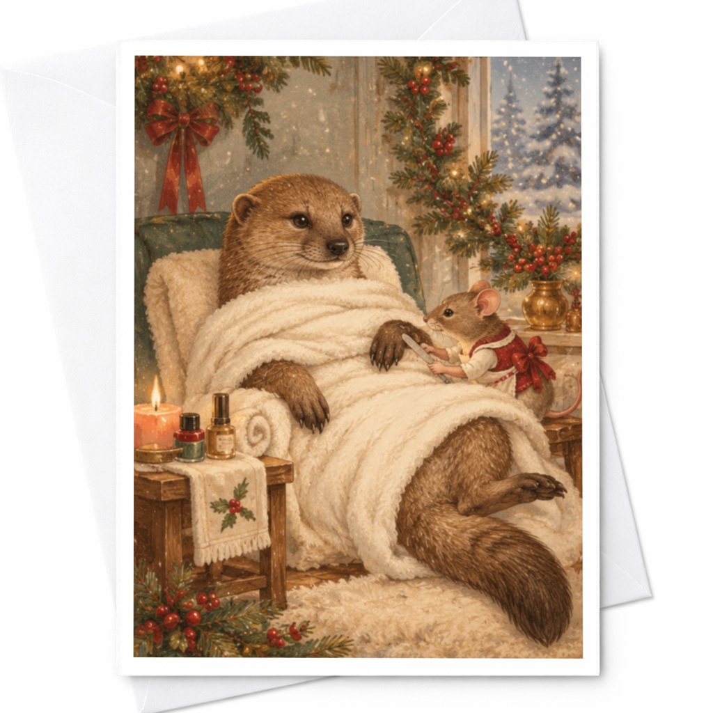 Cozy Otter And Mouse Christmas Card Cute Animal Holiday Greeting Card Winter Scene For Animal Lover Festive Card C9742