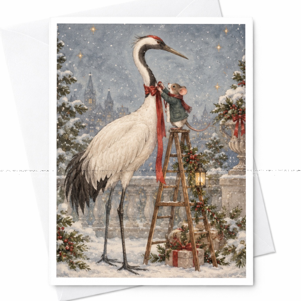 Crane And Mouse Christmas Card Winter Scene Holiday Greeting Card Cute Animal Illustration For Nature Lover Festive Card C9768
