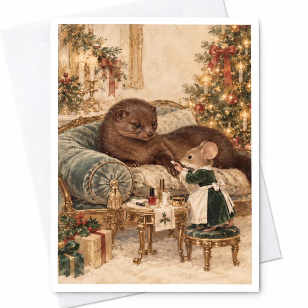Festive Animal Scene Christmas Card Cute Holiday Greeting Card For Animal Lover Cozy Winter Illustration C9743